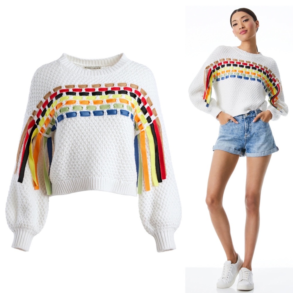 Alice + Olivia Claudette Ribbon Fringe Pullover Sweater - Medium